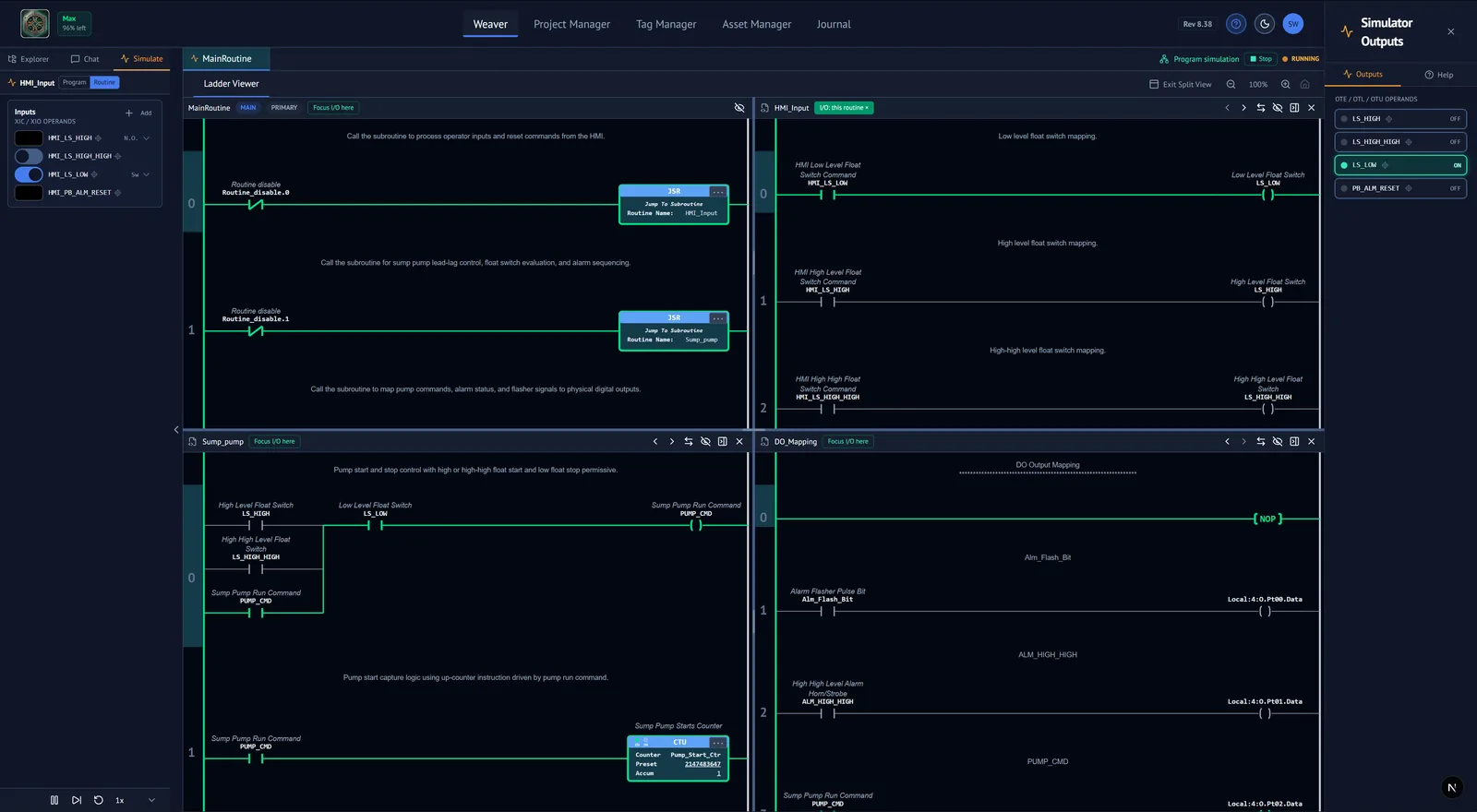 Simulate Program running: MainRoutine and the three routines it calls open side by side, energized rungs in green, inputs on the left and outputs on the right